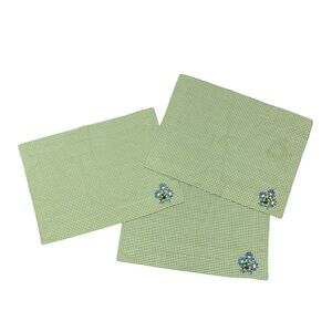 Vintage - Old Navy Green Gingham Placemat Set with Blue Floral Embroidery
